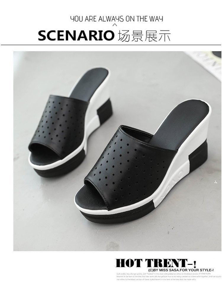 Plain Sandals Slide Wedge Pointelle