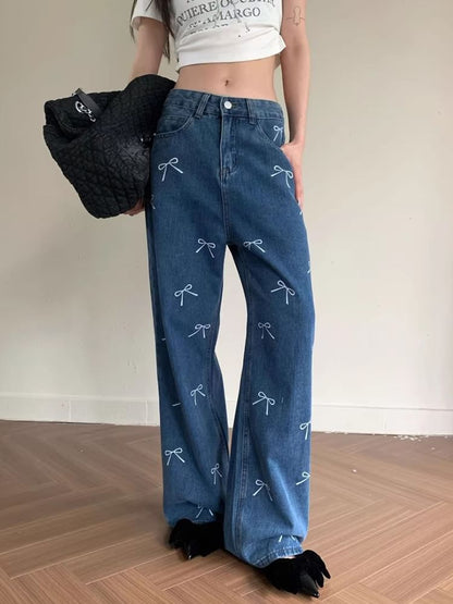 Low Waist Bow Print Wide Leg Jeans