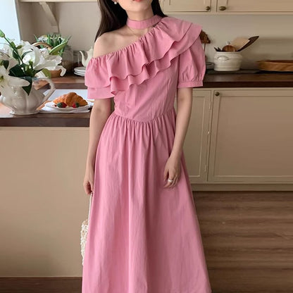 Puff-Sleeve One-Shoulder Plain Ruffle Maxi A-Line Dress