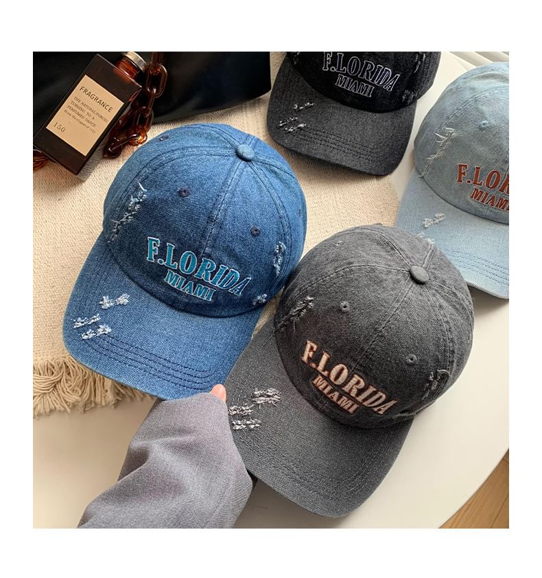 Lettering Embroidered Distressed Denim Baseball Cap