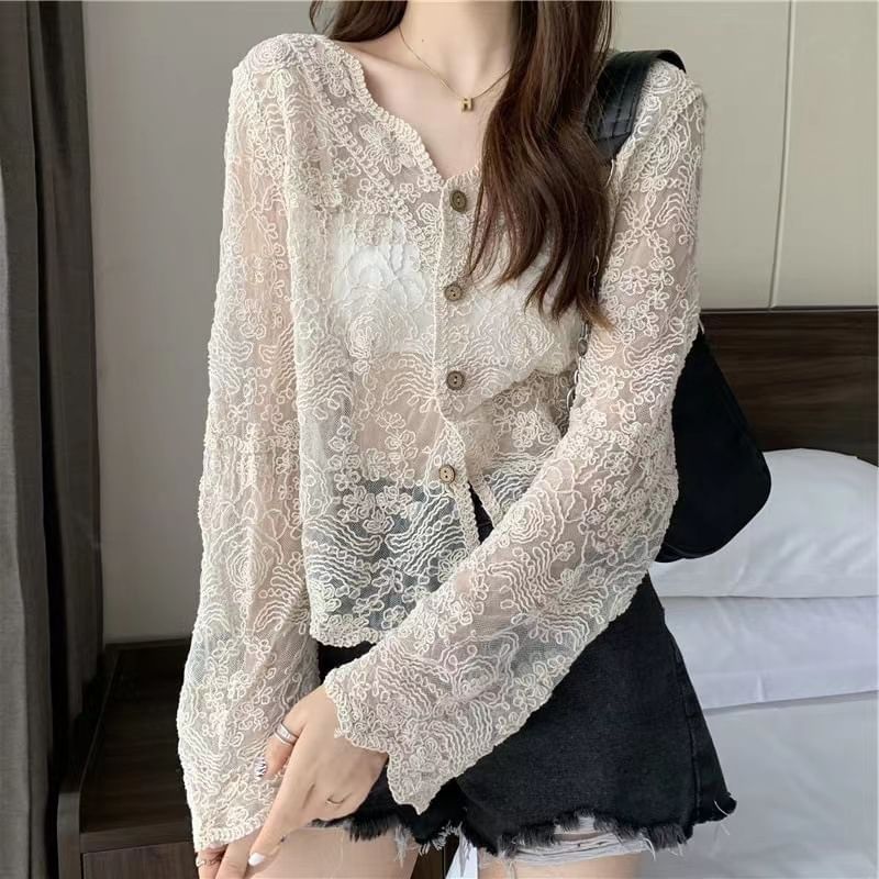 Long-Sleeve Lace Button Blouse
