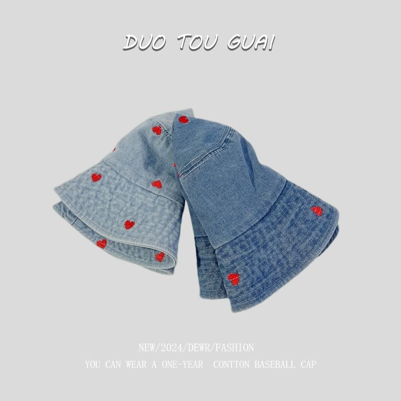 Bucket Heart Washed Hat Denim Embroidered