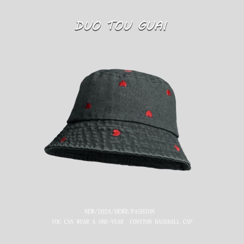 Bucket Heart Washed Hat Denim Embroidered
