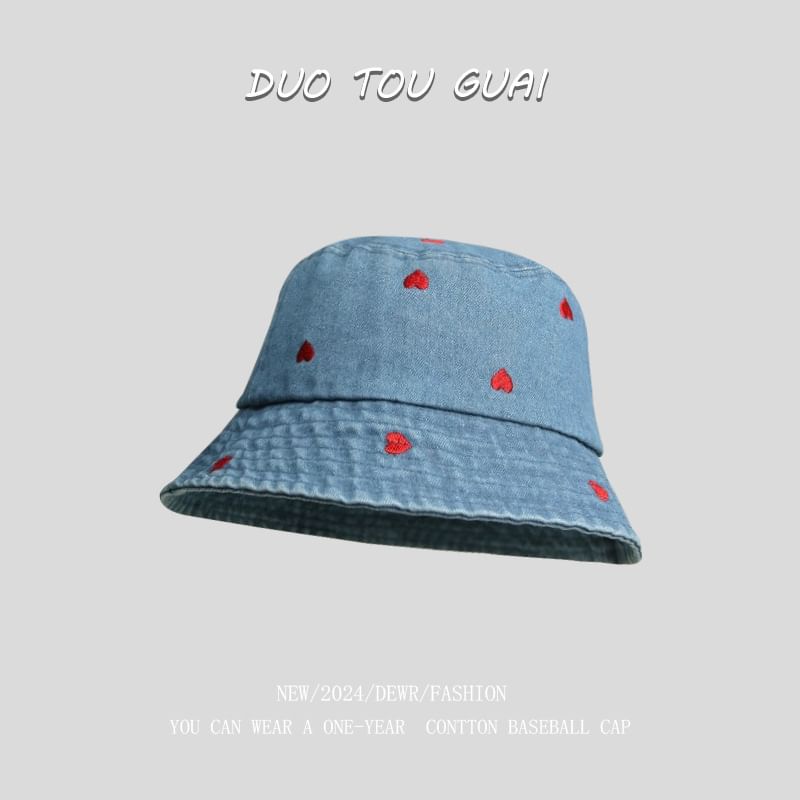 Bucket Heart Washed Hat Denim Embroidered