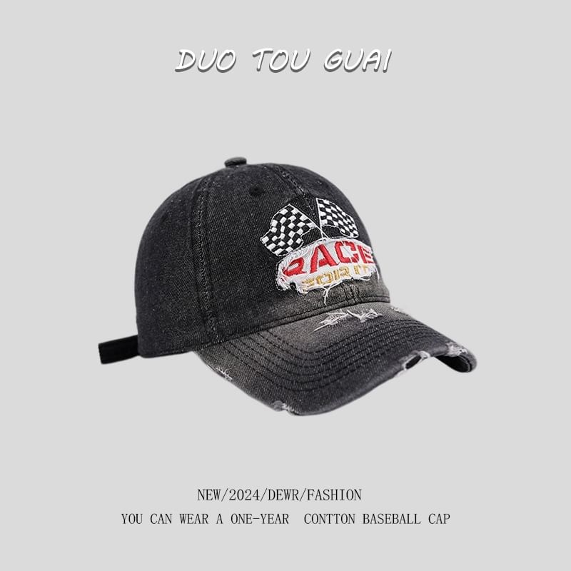 Denim Distressed Baseball Lettering Washed Cap Embroidered