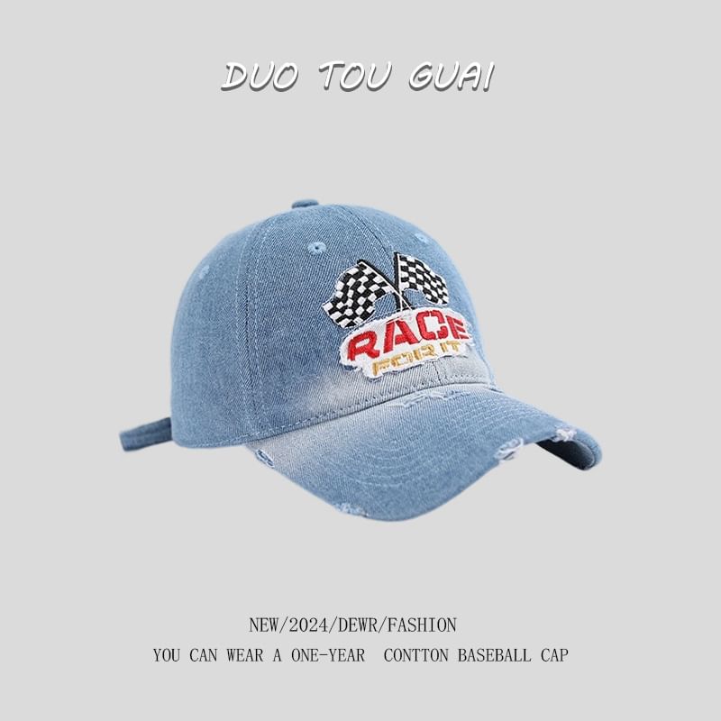 Denim Distressed Baseball Lettering Washed Cap Embroidered