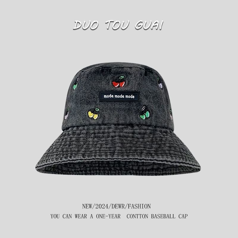 Cherry Denim Washed Hat Bucket Embroidered