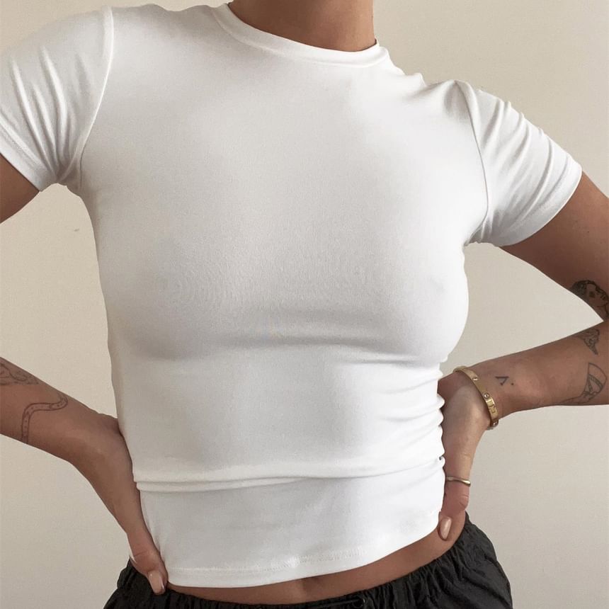 Neck Plain Round Short-Sleeve T-Shirt