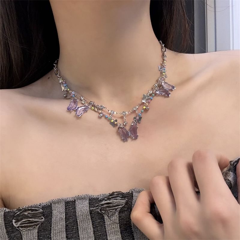 Faux Fringed Butterfly Necklace Layered Crystal