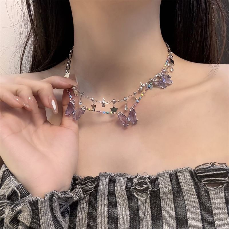 Faux Fringed Butterfly Necklace Layered Crystal