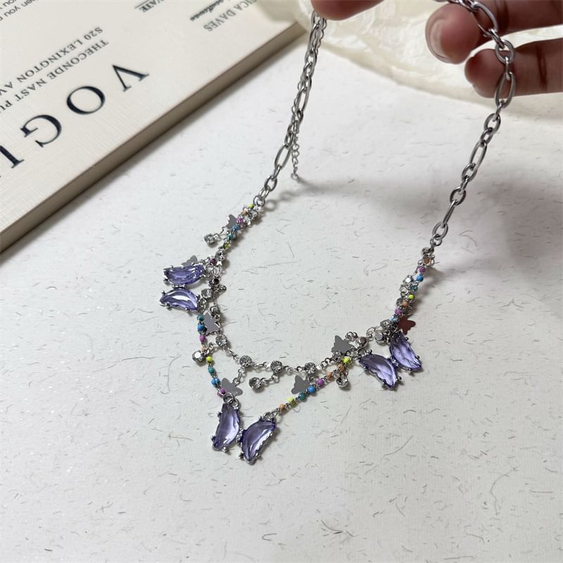Faux Fringed Butterfly Necklace Layered Crystal