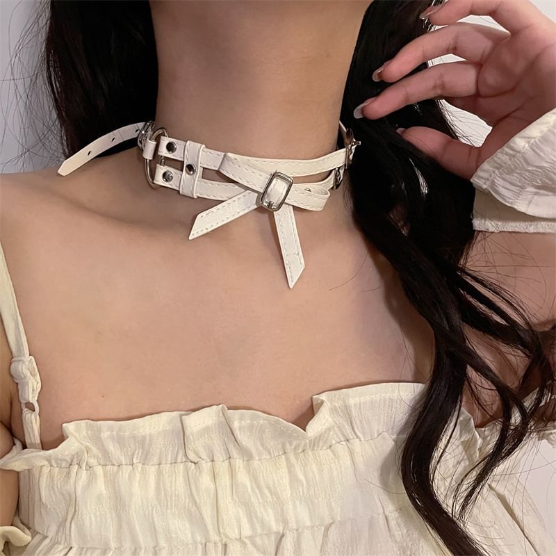 Faux Leather Layered Choker Bow