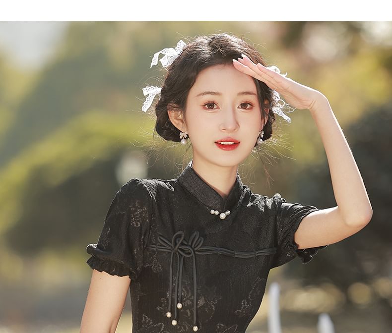 Puff-Sleeve Stand Collar Bow Mini A-Line Lace Dress