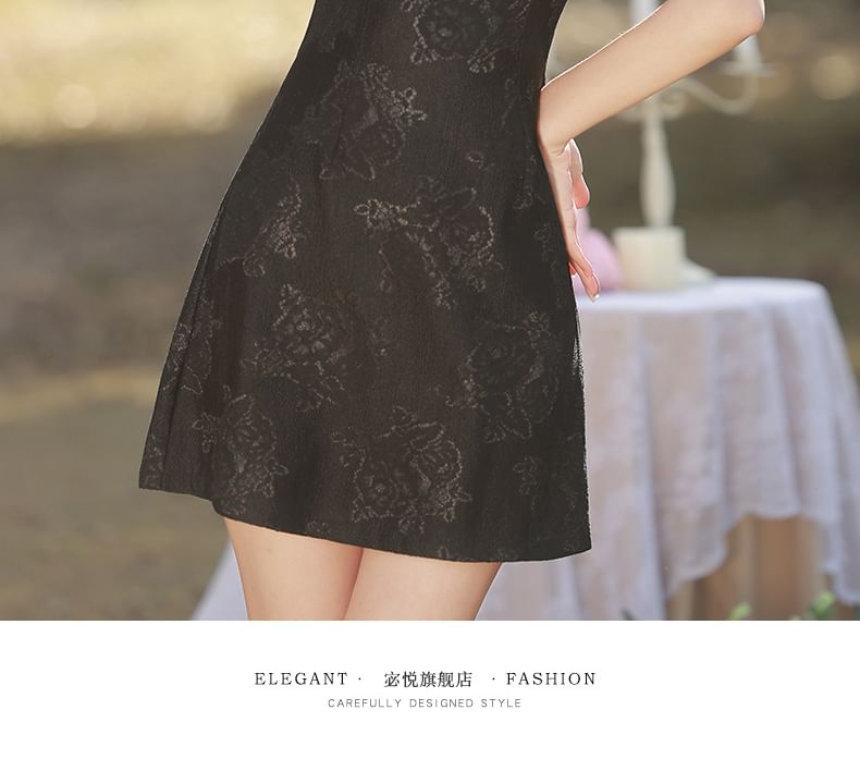 Puff-Sleeve Stand Collar Bow Mini A-Line Lace Dress