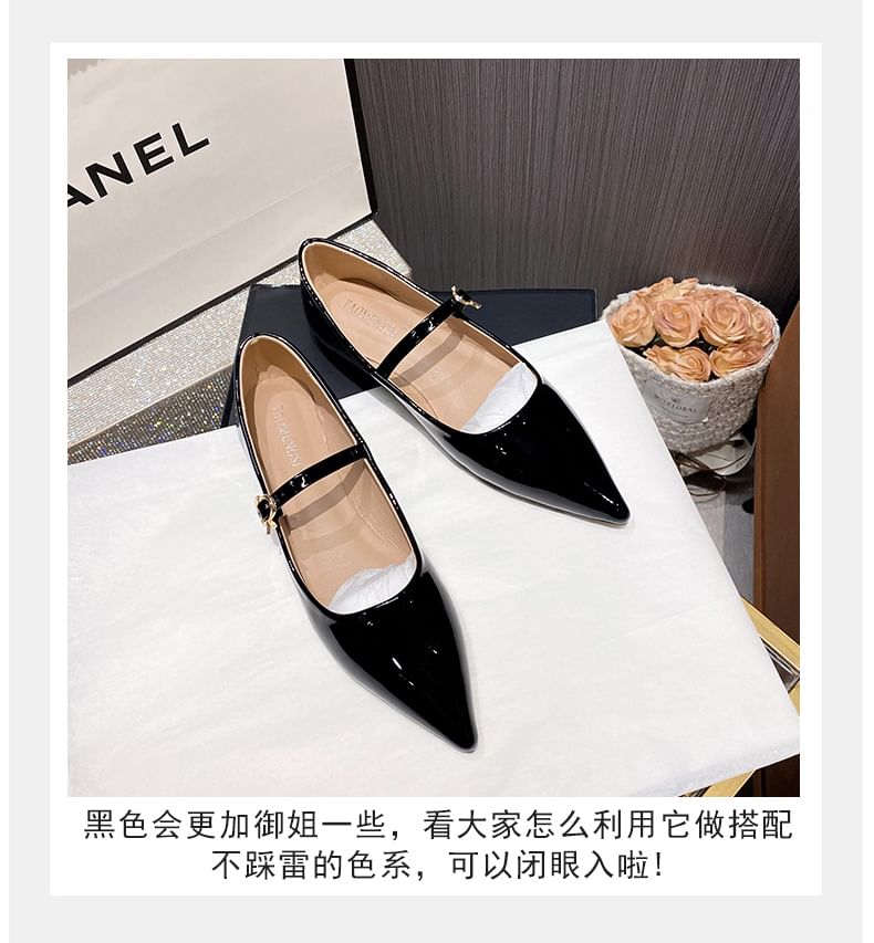 Pointed Toe Plain Patent Leather Mary Jane Flats