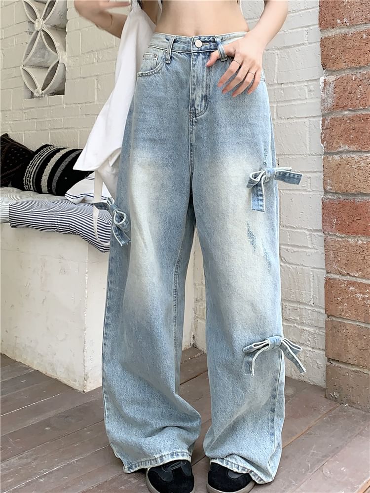 Wide Leg Washed Bow Waist Jeans Mid