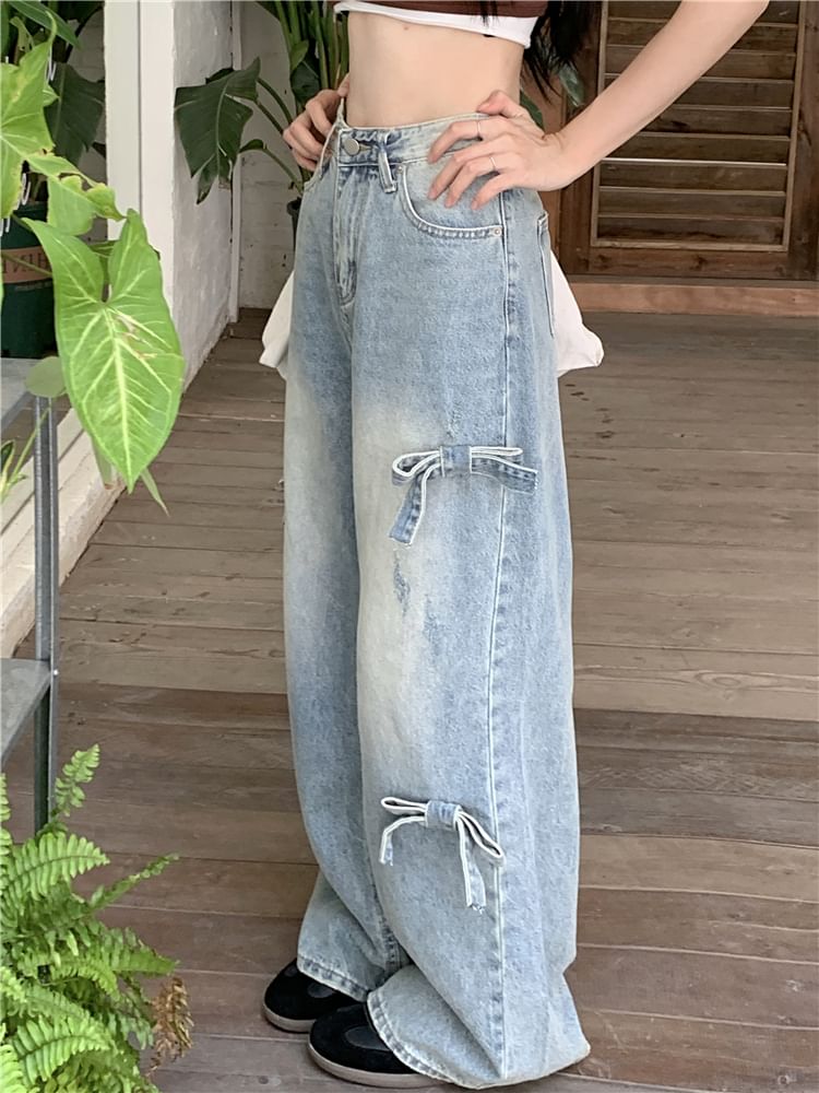 Wide Leg Washed Bow Waist Jeans Mid