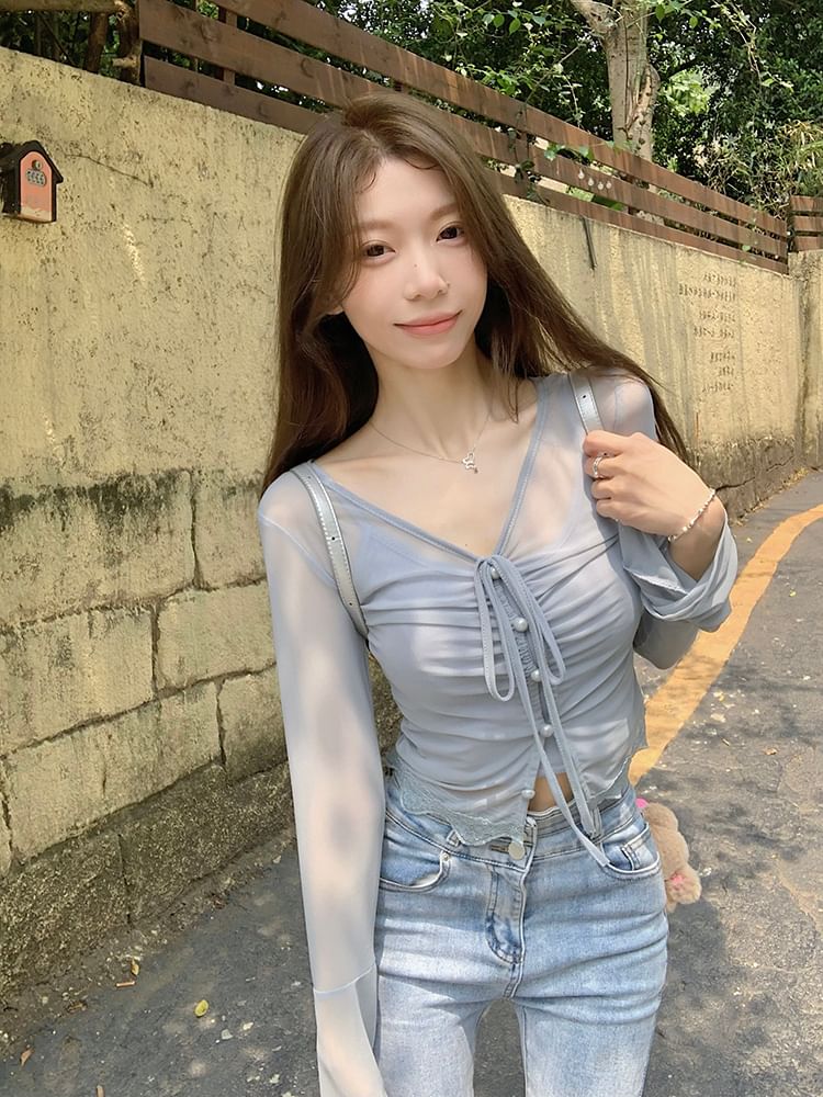 Plain Sheer Top Camisole / V-Neck Long-Sleeve
