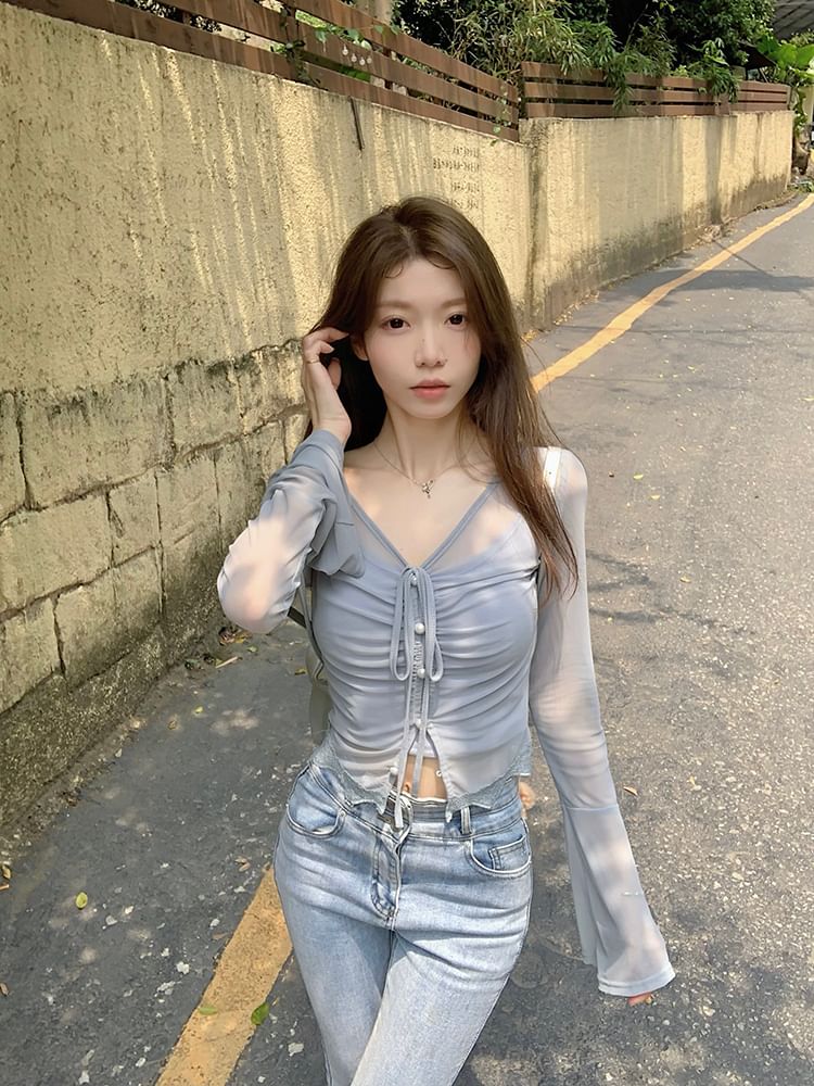 Plain Sheer Top Camisole / V-Neck Long-Sleeve