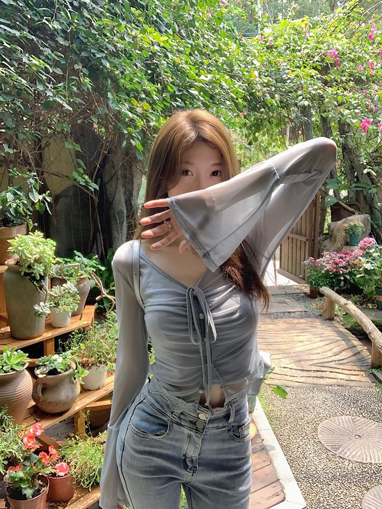 Plain Sheer Top Camisole / V-Neck Long-Sleeve