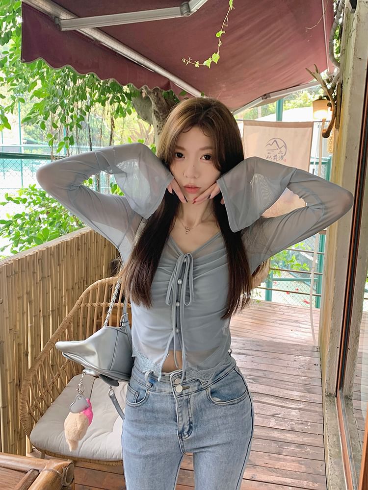 Plain Sheer Top Camisole / V-Neck Long-Sleeve