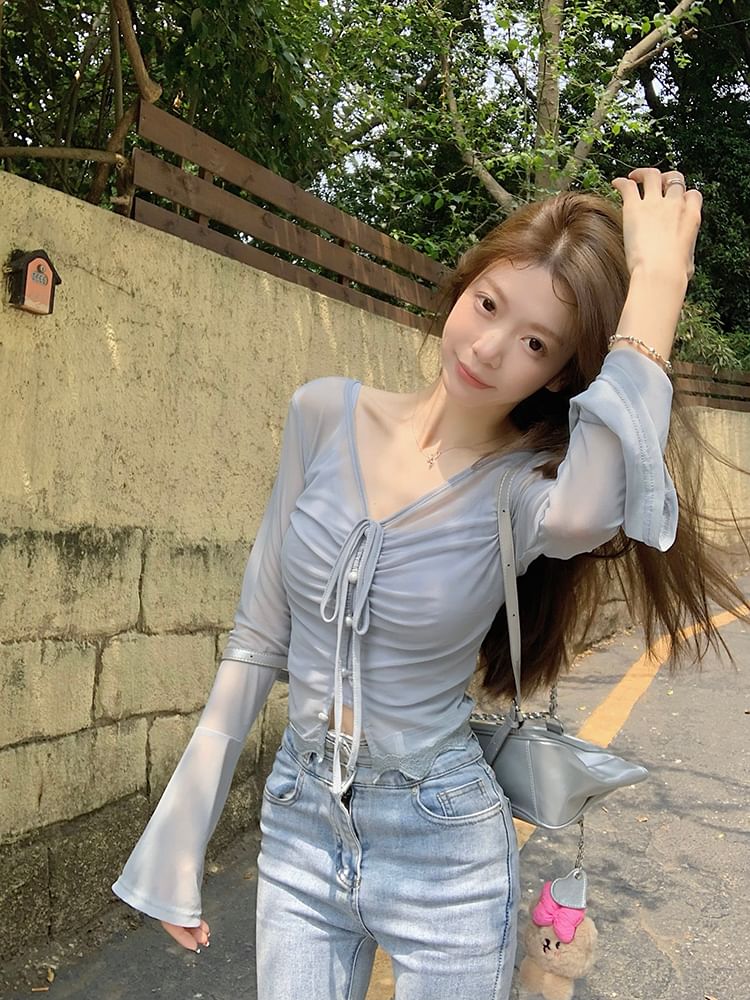 Plain Sheer Top Camisole / V-Neck Long-Sleeve