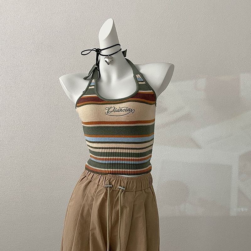 Embroidered Letter Striped Halter Top