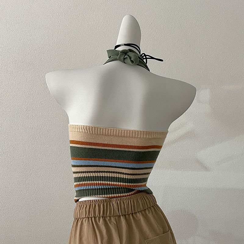 Embroidered Letter Striped Halter Top