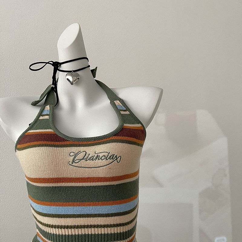Embroidered Letter Striped Halter Top
