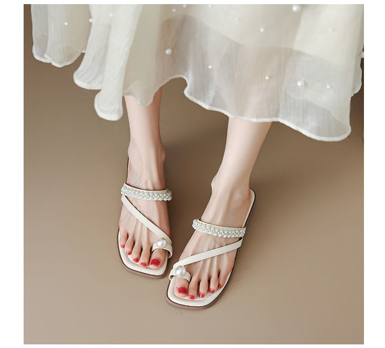 Faux Pearl Toe Loop Slide Sandals