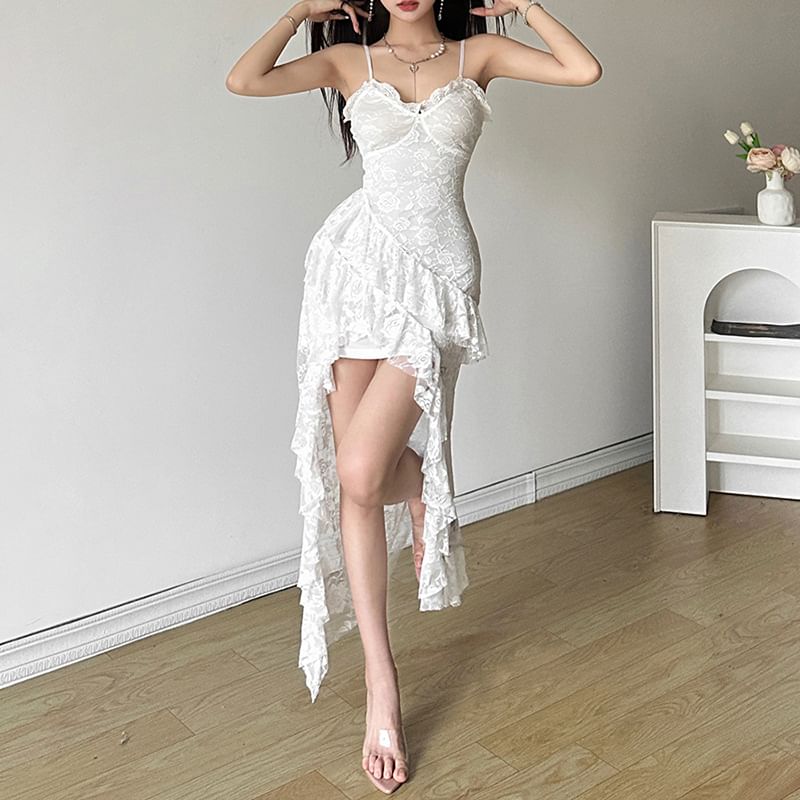 Strap Lace Plain Spaghetti Midi V-Neck Dress