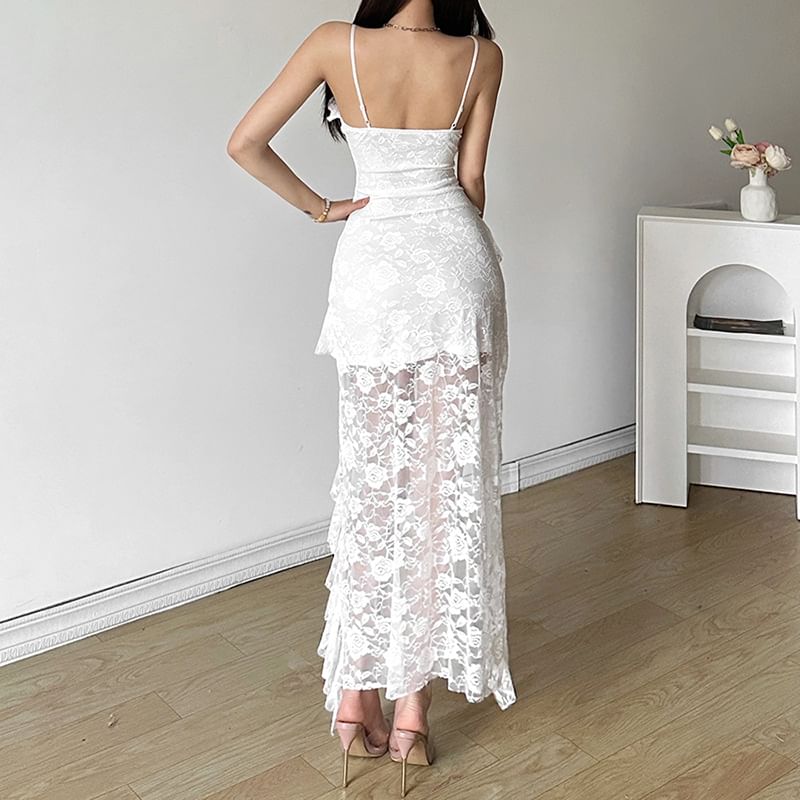 Strap Lace Plain Spaghetti Midi V-Neck Dress