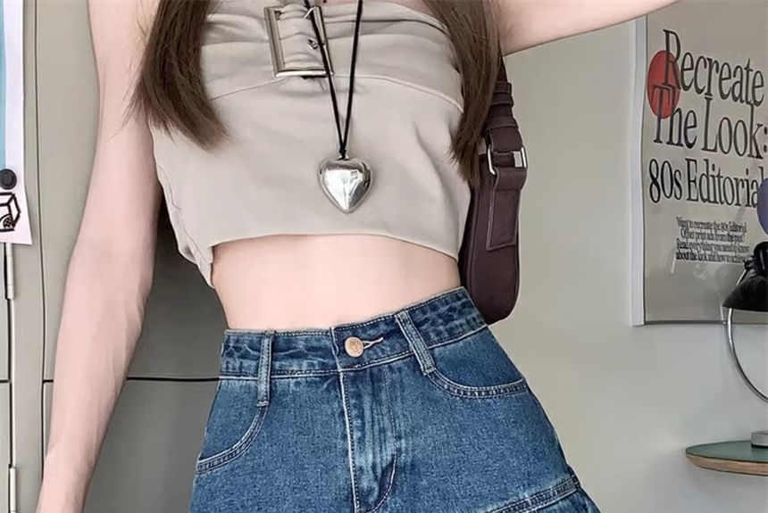 A-Line Denim High Skirt Mini Rise Washed Pleated