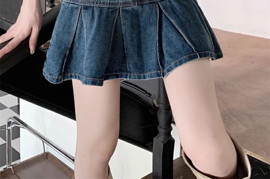 A-Line Denim High Skirt Mini Rise Washed Pleated
