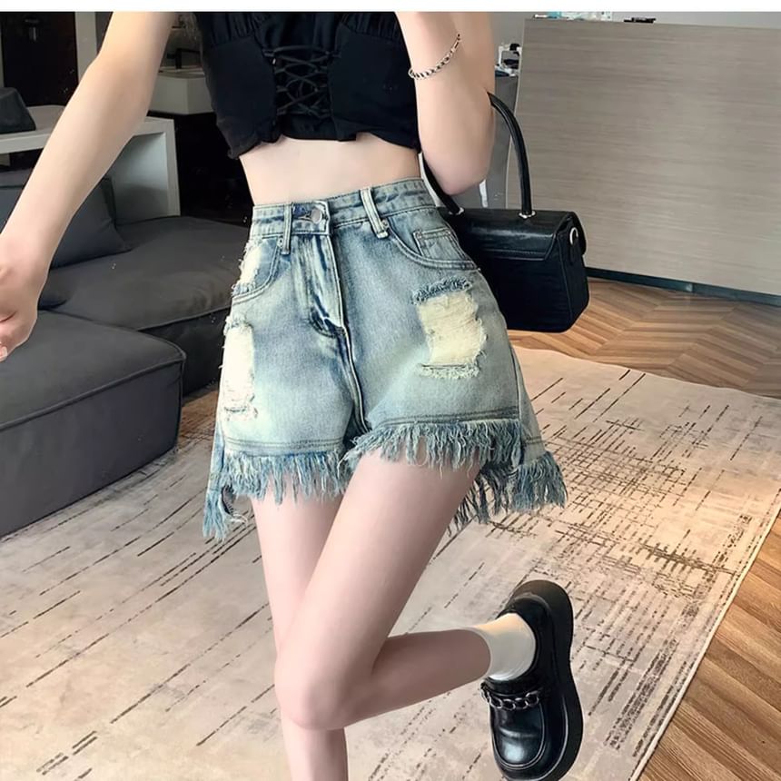 High Denim Waist Fringe Washed Shorts Distressed