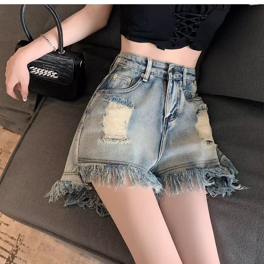 High Denim Waist Fringe Washed Shorts Distressed