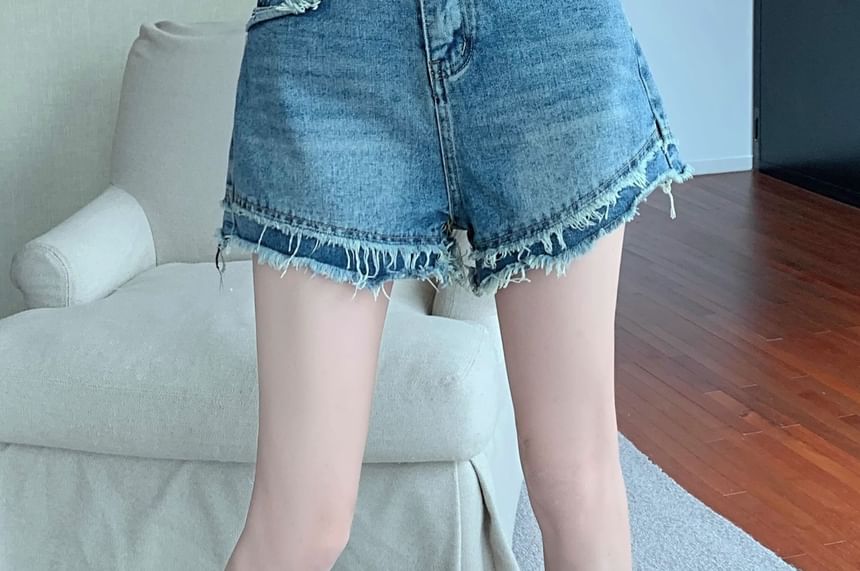 High Fray Washed Denim Waist Shorts
