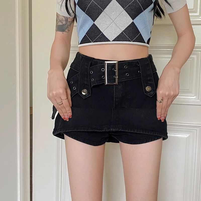 Skort Denim Belted A-Line High Mini Waist