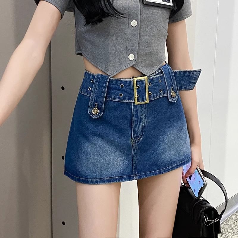 Skort Denim Belted A-Line High Mini Waist