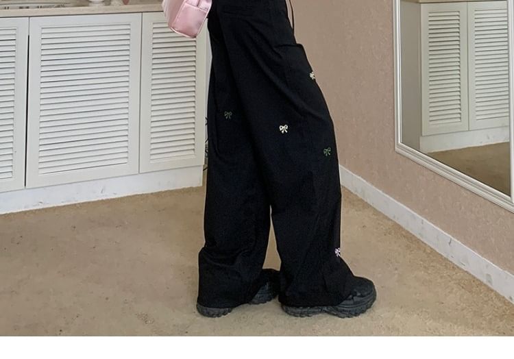 Tie-Up Bow Wide Pants Embroidered Leg Mid Waist