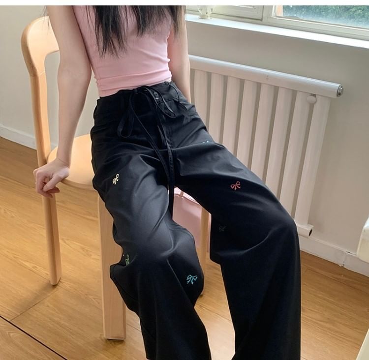 Tie-Up Bow Wide Pants Embroidered Leg Mid Waist