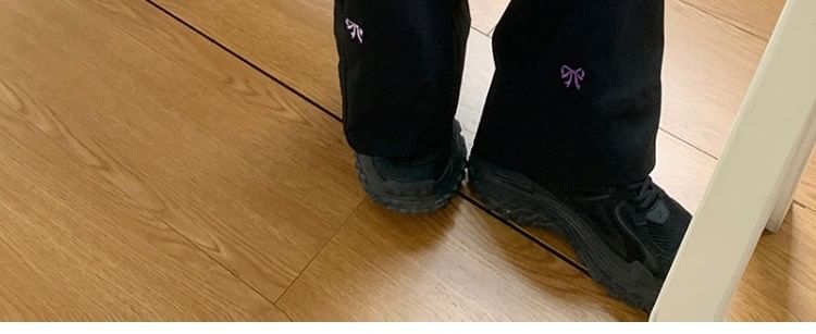 Tie-Up Bow Wide Pants Embroidered Leg Mid Waist