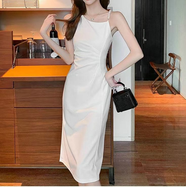 A-Line Plain Faux Dress Midi Ruched Strap Slit Pearl Sleeveless