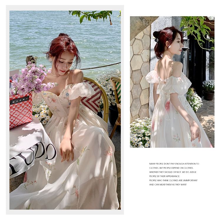 Dress Floral Midi Cold-Shoulder A-Line Puff-Sleeve