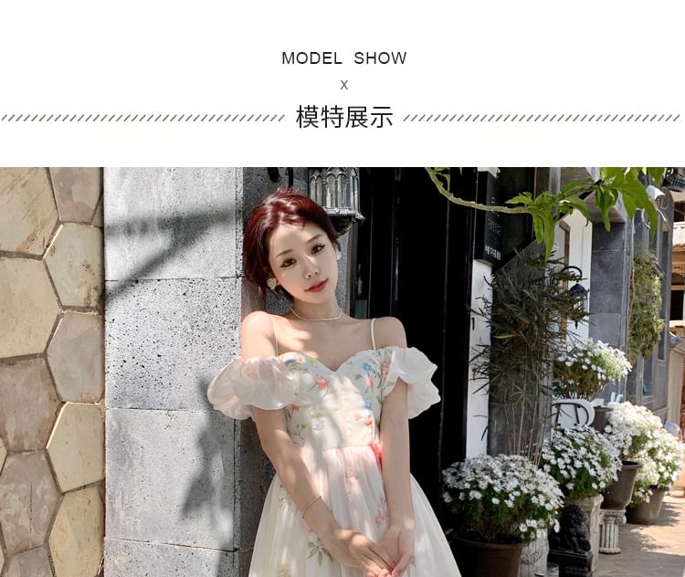Dress Floral Midi Cold-Shoulder A-Line Puff-Sleeve