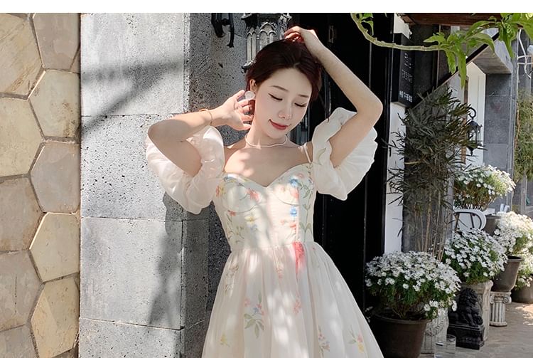 Dress Floral Midi Cold-Shoulder A-Line Puff-Sleeve