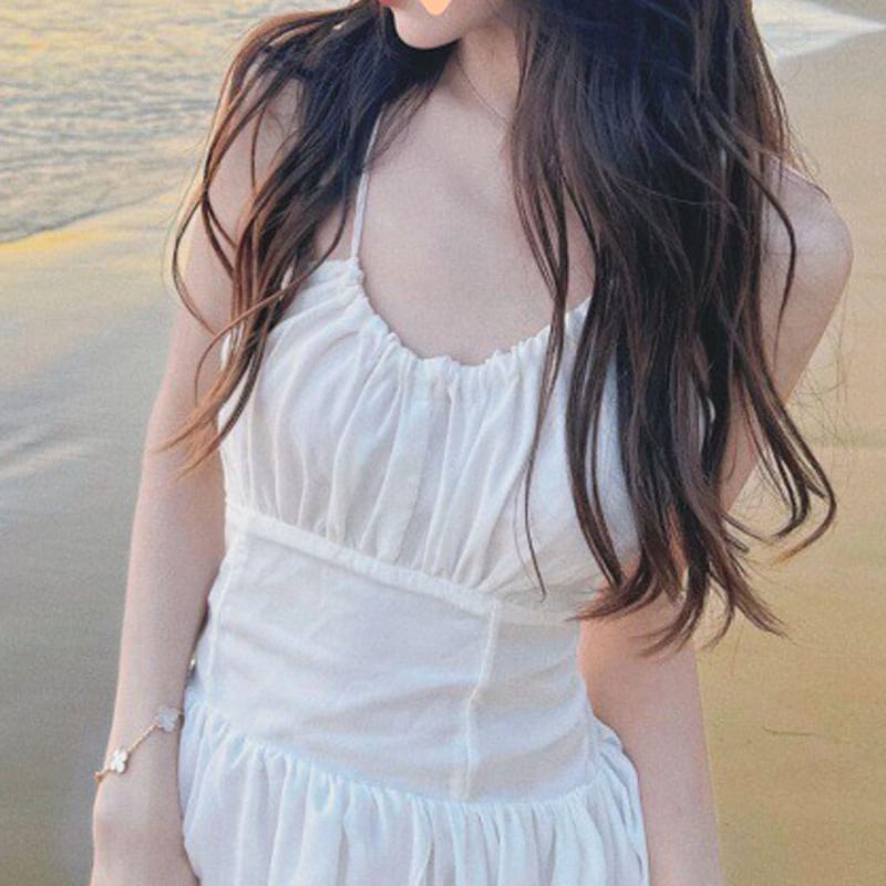 Lace-Up Sundress Plain Maxi Spaghetti Back Open Strap