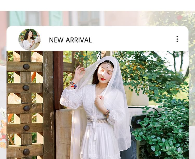 A-Line V-Neck Maxi Puff-Sleeve Lace Plain Trim Dress