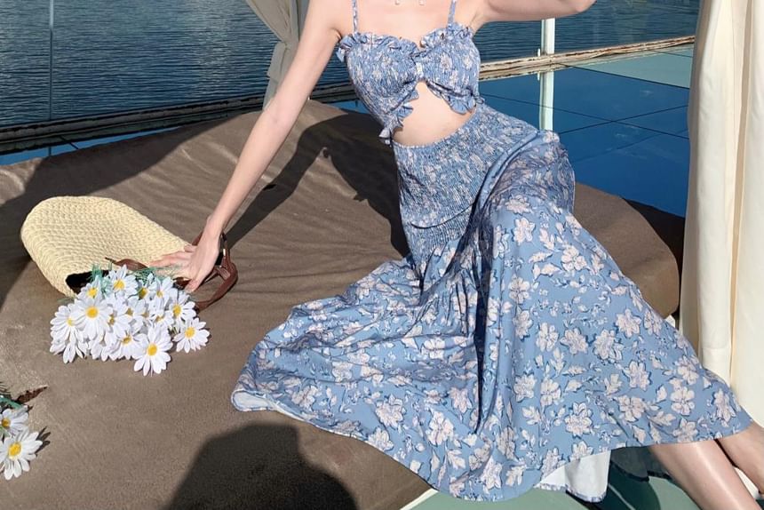 Floral Cutout Strap Maxi Sundress Spaghetti