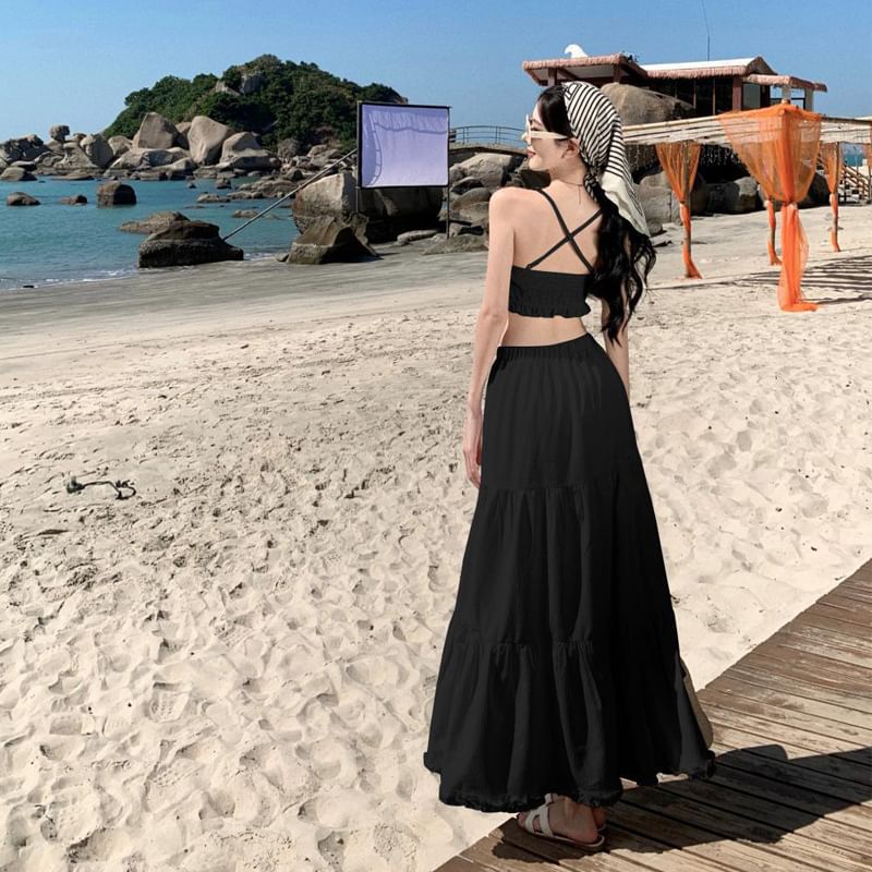 High Top Plain Set: Waist Cropped Maxi Ruffle A-Line Cami + Skirt